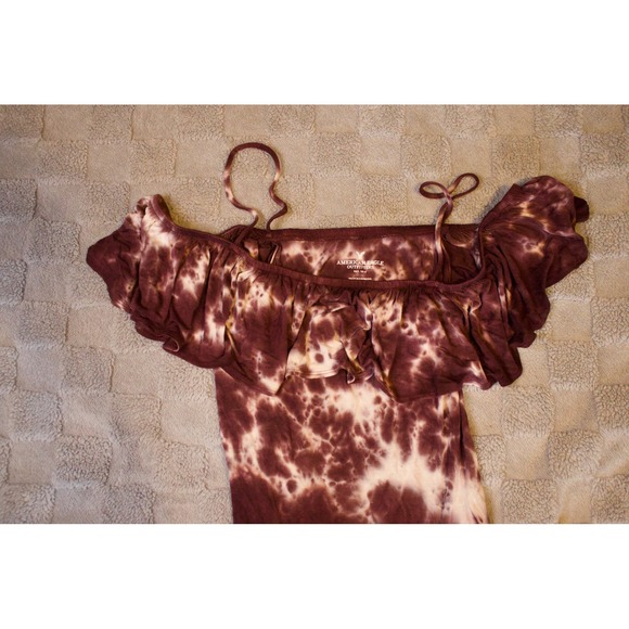 American Eagle Outfitters Tops - American Eagle Tie Dye Ruffle Off Shoulder Bodysuit Burgundy White Size Small
